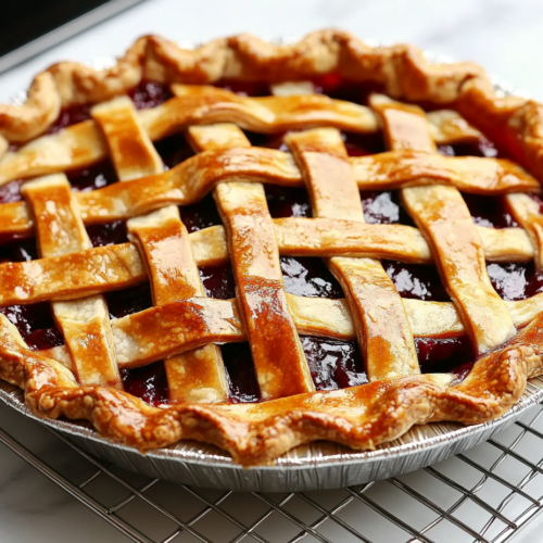 Close-up shot of the baked cherry pie cooling on a wire rack on the white marble cooktop. The crust is golden brown, and the filling looks set and glossy