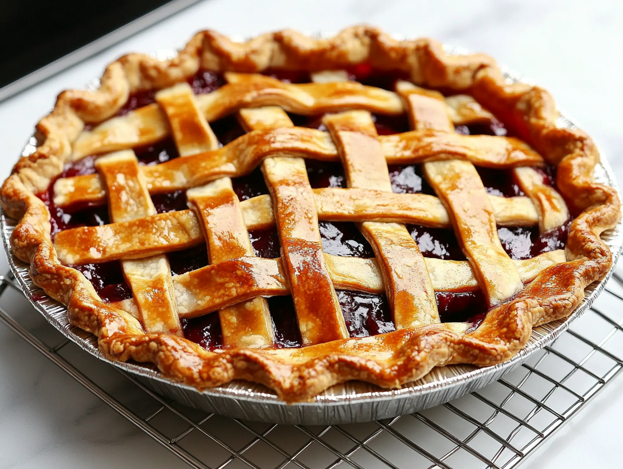 Close-up shot of the baked cherry pie cooling on a wire rack on the white marble cooktop. The crust is golden brown, and the filling looks set and glossy