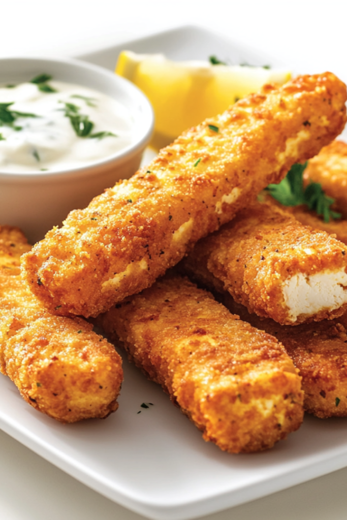 Plated shot of crispy tofu tenders arranged neatly on a serving plate with a side of creamy dipping sauce. Fresh parsley and a wedge of lemon garnish the plate, creating a vibrant and inviting presentation.