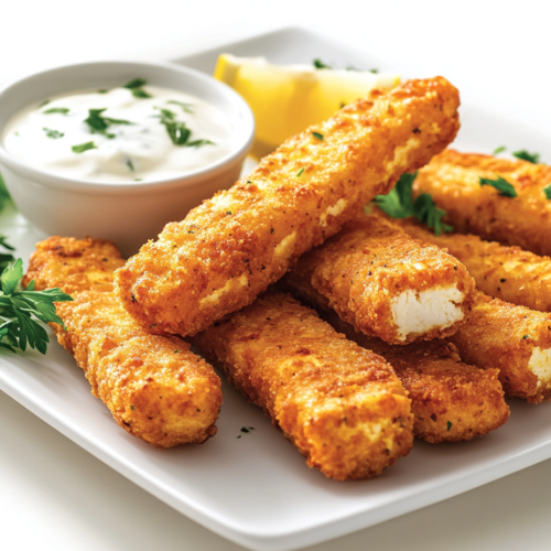 Plated shot of crispy tofu tenders arranged neatly on a serving plate with a side of creamy dipping sauce. Fresh parsley and a wedge of lemon garnish the plate, creating a vibrant and inviting presentation.