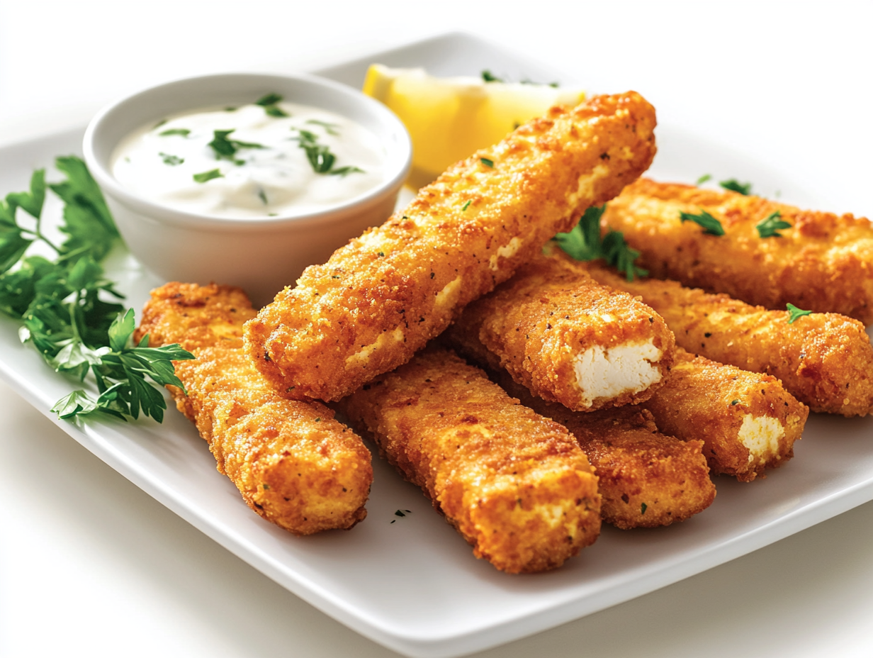 Plated shot of crispy tofu tenders arranged neatly on a serving plate with a side of creamy dipping sauce. Fresh parsley and a wedge of lemon garnish the plate, creating a vibrant and inviting presentation.