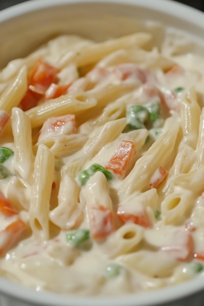 Close-up shot of the finished dish served in a bowl, garnished with fresh parsley and a sprinkle of red pepper flakes. The creamy pasta dish sits on a plate with a soft shine, ready to be enjoyed
