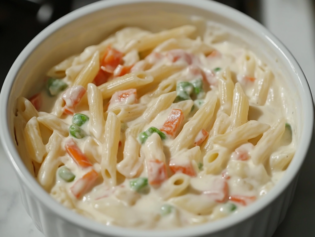Close-up shot of the finished dish served in a bowl, garnished with fresh parsley and a sprinkle of red pepper flakes. The creamy pasta dish sits on a plate with a soft shine, ready to be enjoyed