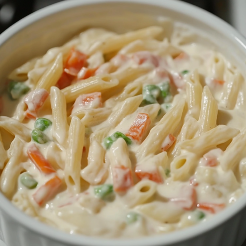 Close-up shot of the finished dish served in a bowl, garnished with fresh parsley and a sprinkle of red pepper flakes. The creamy pasta dish sits on a plate with a soft shine, ready to be enjoyed