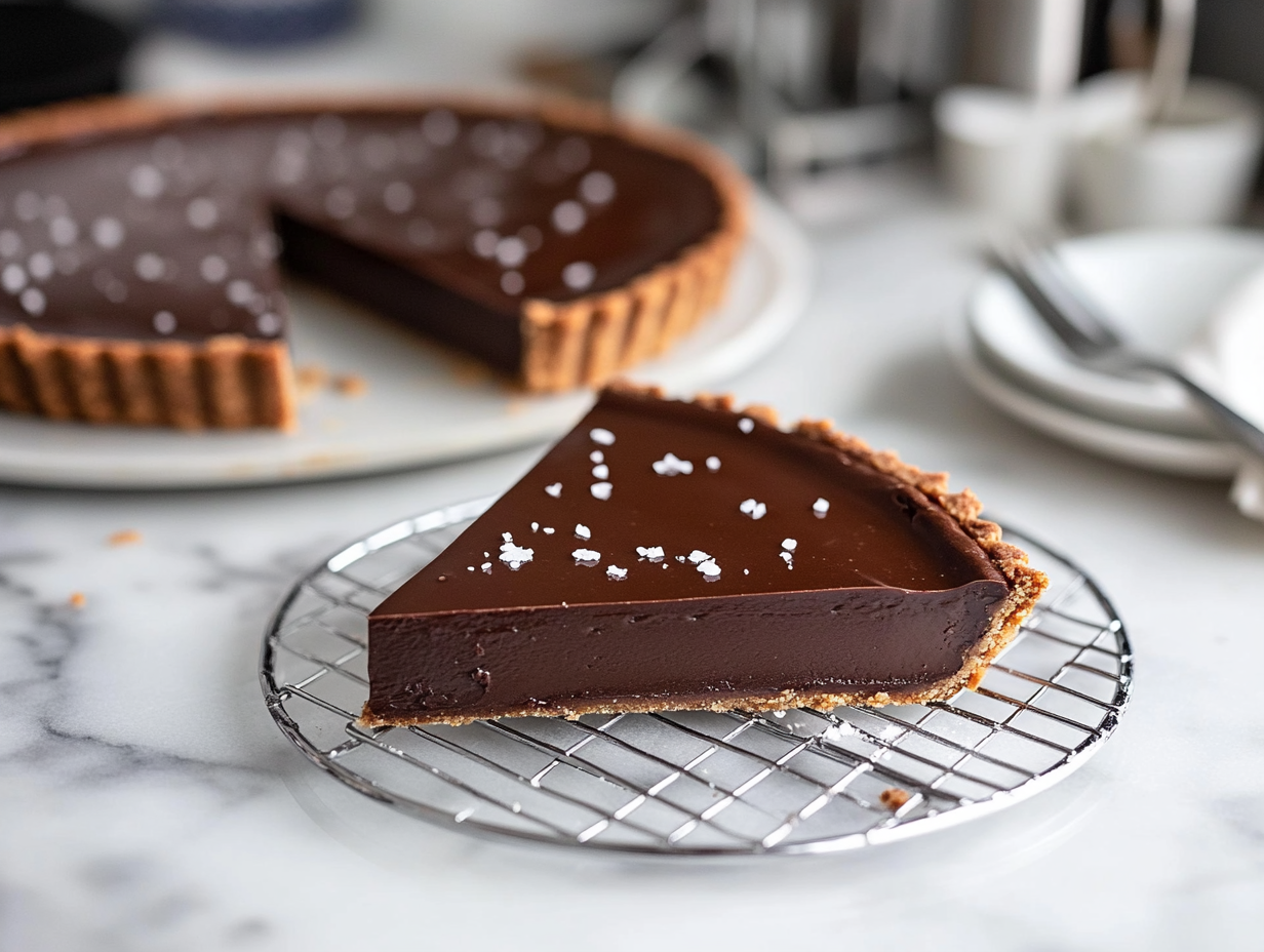 The chilled chocolate tart sitting on a wire rack, with flaky sea salt sprinkled on top. A slice is served on a plate, ready to enjoy