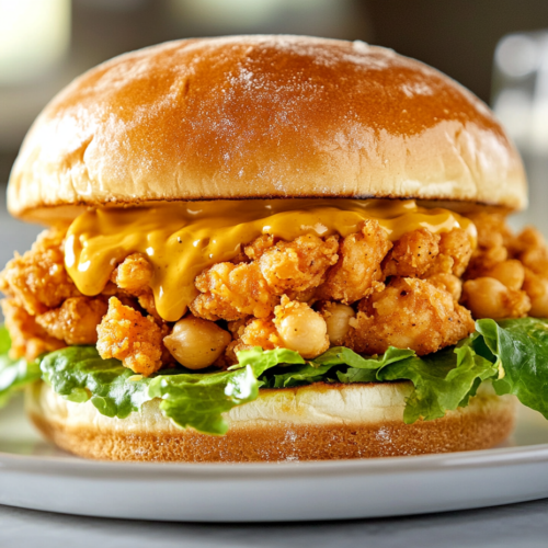 "A delicious, fully assembled chickpea ‘chicken’ sandwich on a plate with crisp romaine lettuce and extra dressing oozing from the edges, ready to be served and enjoyed.