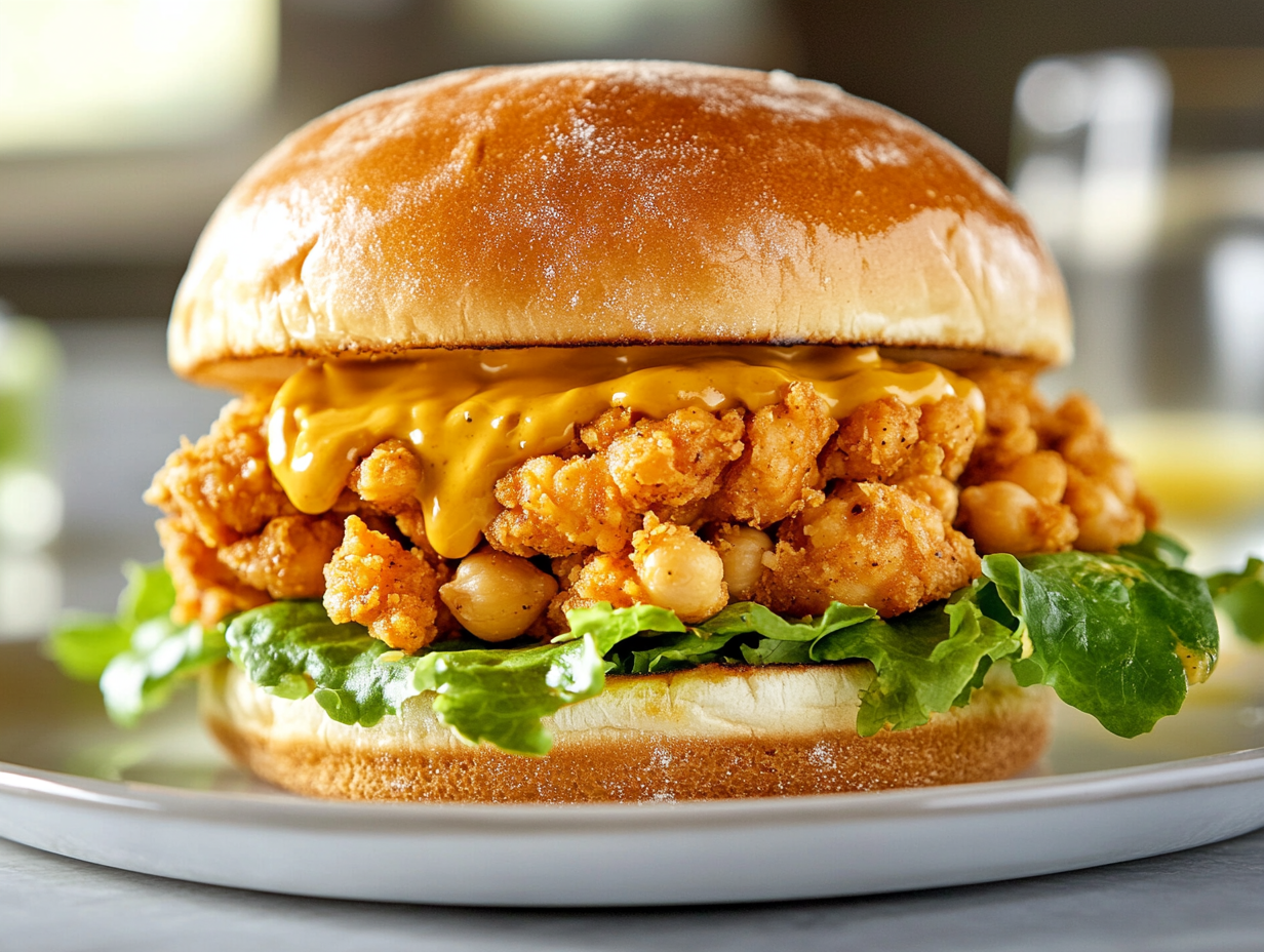 "A delicious, fully assembled chickpea ‘chicken’ sandwich on a plate with crisp romaine lettuce and extra dressing oozing from the edges, ready to be served and enjoyed.