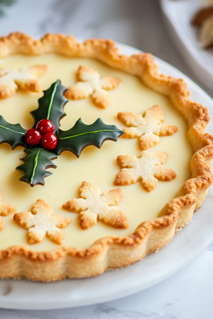 The cooled tart decorated with baked shortcrust shapes, served on a beautiful plate. The tart has a creamy custard filling with a golden crust