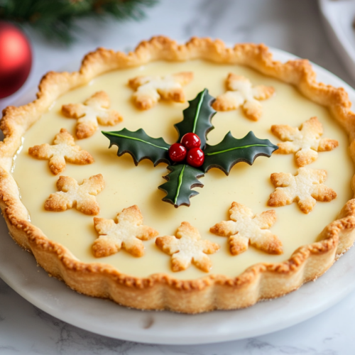 The cooled tart decorated with baked shortcrust shapes, served on a beautiful plate. The tart has a creamy custard filling with a golden crust