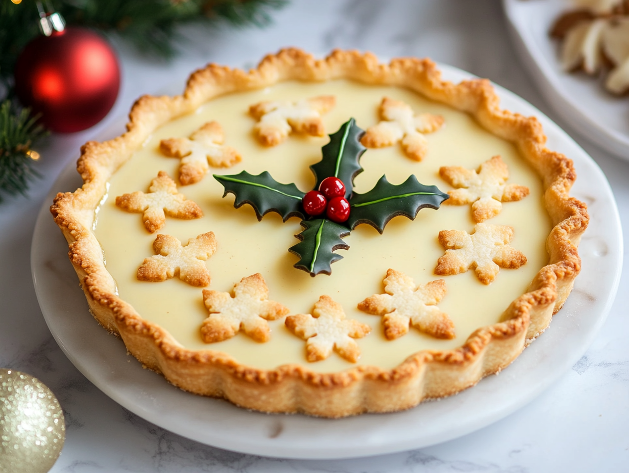 The cooled tart decorated with baked shortcrust shapes, served on a beautiful plate. The tart has a creamy custard filling with a golden crust
