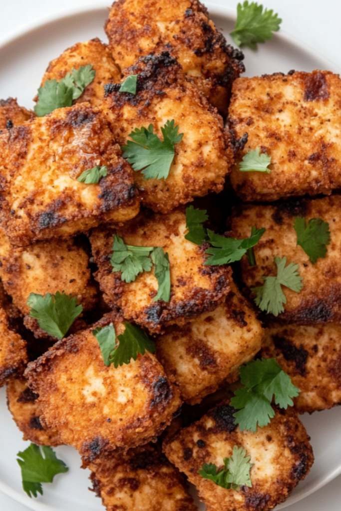 Plate of crispy fried tofu 'chicken' arranged in a stack, garnished with fresh parsley. A small bowl of dipping sauce is on the side, and a checkered napkin is folded next to the plate on a rustic table setting.