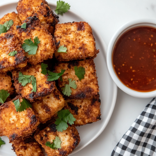 Plate of crispy fried tofu 'chicken' arranged in a stack, garnished with fresh parsley. A small bowl of dipping sauce is on the side, and a checkered napkin is folded next to the plate on a rustic table setting.