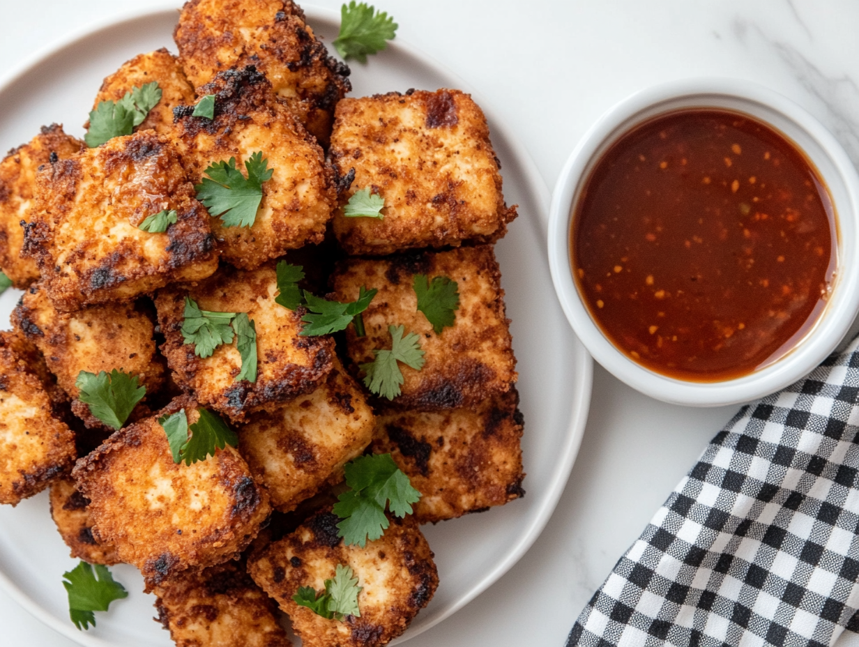 Plate of crispy fried tofu 'chicken' arranged in a stack, garnished with fresh parsley. A small bowl of dipping sauce is on the side, and a checkered napkin is folded next to the plate on a rustic table setting.