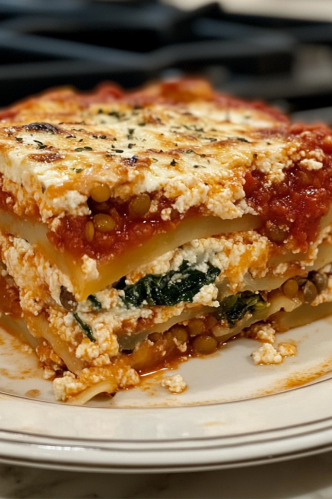 Close-up of a slice of vegan lasagna on a plate, with layers of lentils, ricotta, and mozzarella clearly visible. A glass of wine and a side salad sit in the background.Close-up of a slice of vegan lasagna on a plate, with layers of lentils, ricotta, and mozzarella clearly visible. A glass of wine and a side salad sit in the background.