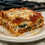 Close-up of a slice of vegan lasagna on a plate, with layers of lentils, ricotta, and mozzarella clearly visible. A glass of wine and a side salad sit in the background.