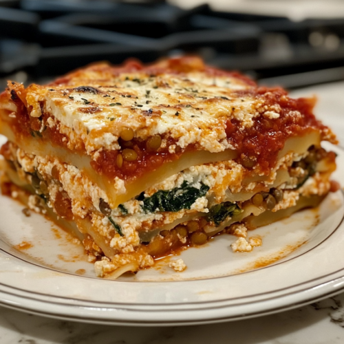 Close-up of a slice of vegan lasagna on a plate, with layers of lentils, ricotta, and mozzarella clearly visible. A glass of wine and a side salad sit in the background.