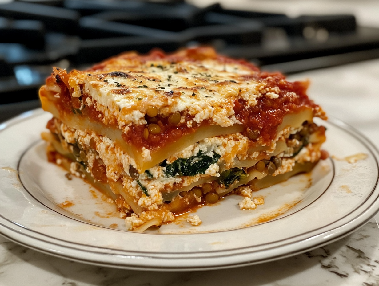 Close-up of a slice of vegan lasagna on a plate, with layers of lentils, ricotta, and mozzarella clearly visible. A glass of wine and a side salad sit in the background.