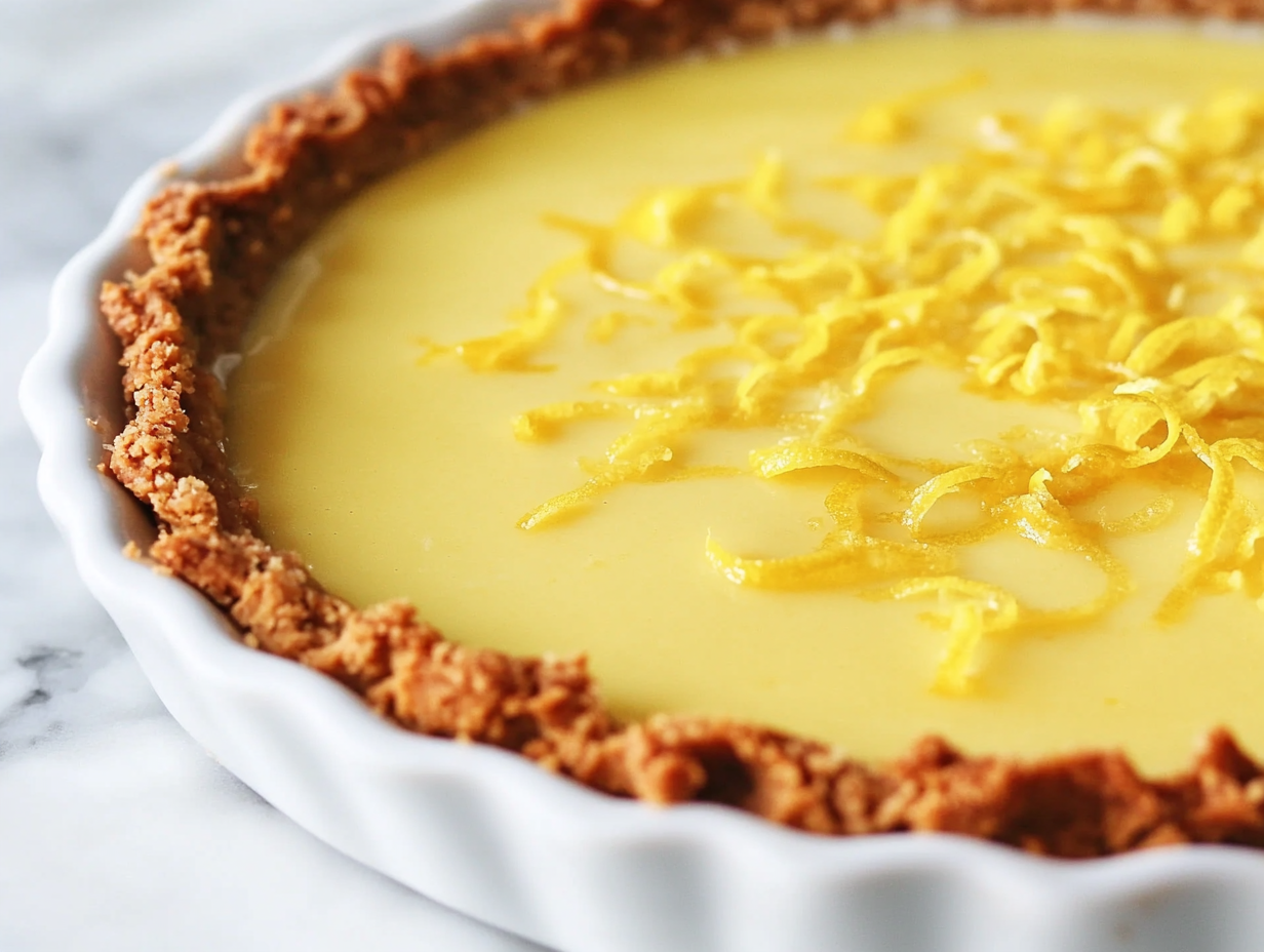 Close-up shot of the lemon pie filling being poured into the prepared cookie crust. The filling smoothly settles into the base, ready to be refrigerated and set. The pie dish is placed in the fridge to firm up.