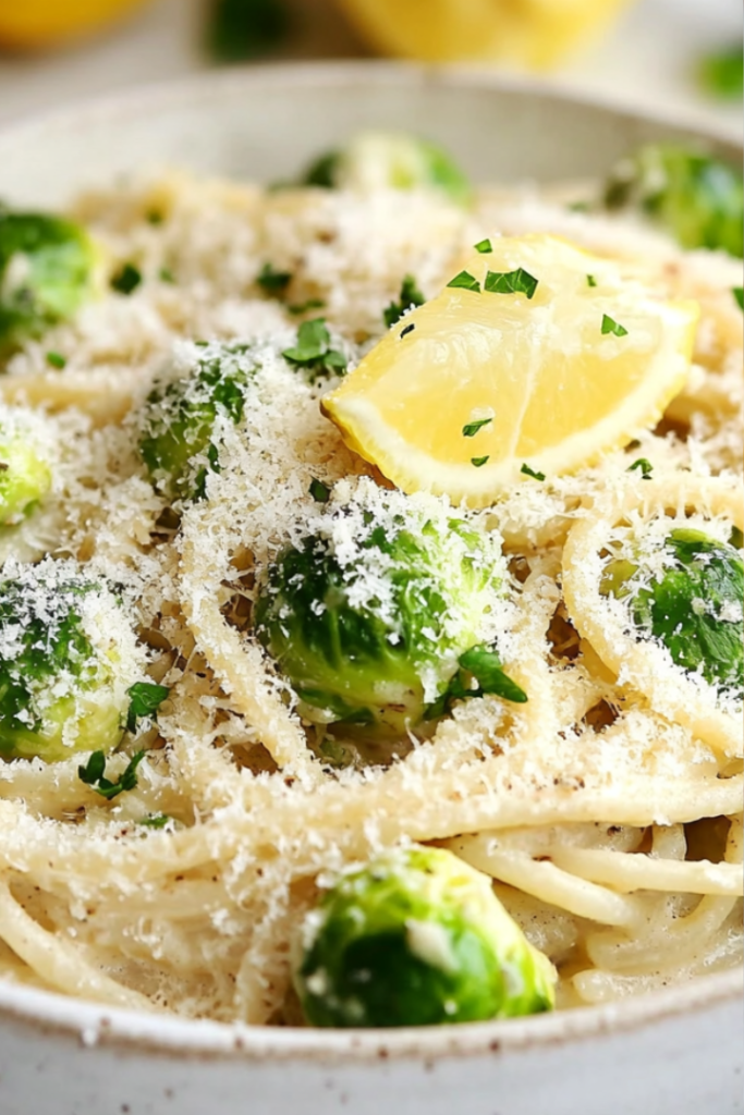 A beautifully plated bowl of creamy Brussels sprouts and garlic spaghetti, garnished with vegan Parmesan and a drizzle of lemon juice. A fork twirls the pasta, ready to be enjoyed.