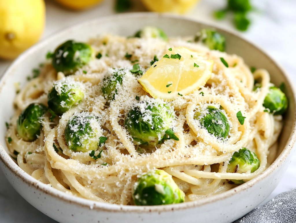 A beautifully plated bowl of creamy Brussels sprouts and garlic spaghetti, garnished with vegan Parmesan and a drizzle of lemon juice.