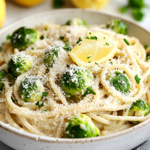 A beautifully plated bowl of creamy Brussels sprouts and garlic spaghetti, garnished with vegan Parmesan and a drizzle of lemon juice.