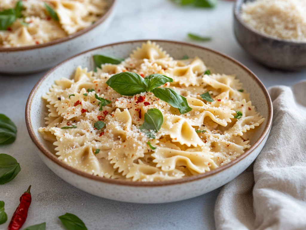 Wide shot of a table set with bowls of creamy coconut milk pasta, topped with fresh basil, red pepper flakes, and extra vegan parmesan. The dish is warm and inviting, ready to be enjoyed.