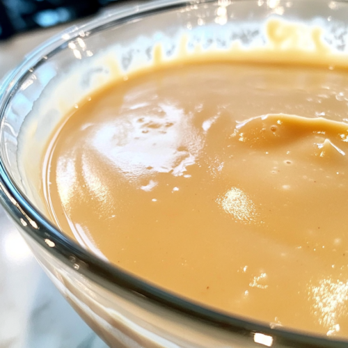 Close-up shot of the creamy, thickened mixture being transferred into a glass bowl, covered with cling film to prevent a skin from forming. The bowl is placed on the white marble cooktop, with the film pressed gently against the surface of the mixture