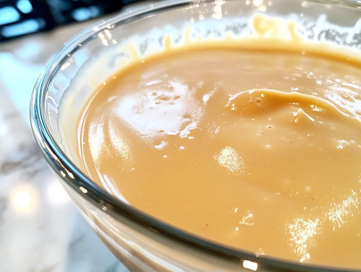 Close-up shot of the creamy, thickened mixture being transferred into a glass bowl, covered with cling film to prevent a skin from forming. The bowl is placed on the white marble cooktop, with the film pressed gently against the surface of the mixture