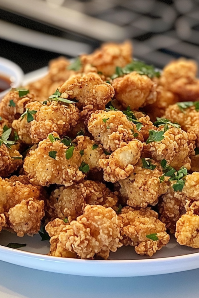 Breaded soy curls ready to serve in a plate on the white marble cooktop
