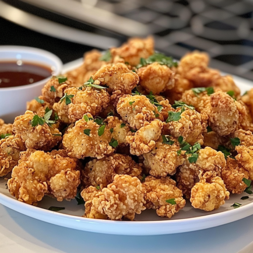 Breaded soy curls ready to serve in a plate on the white marble cooktop