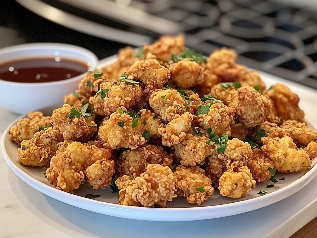 Breaded soy curls ready to serve in a plate on the white marble cooktop