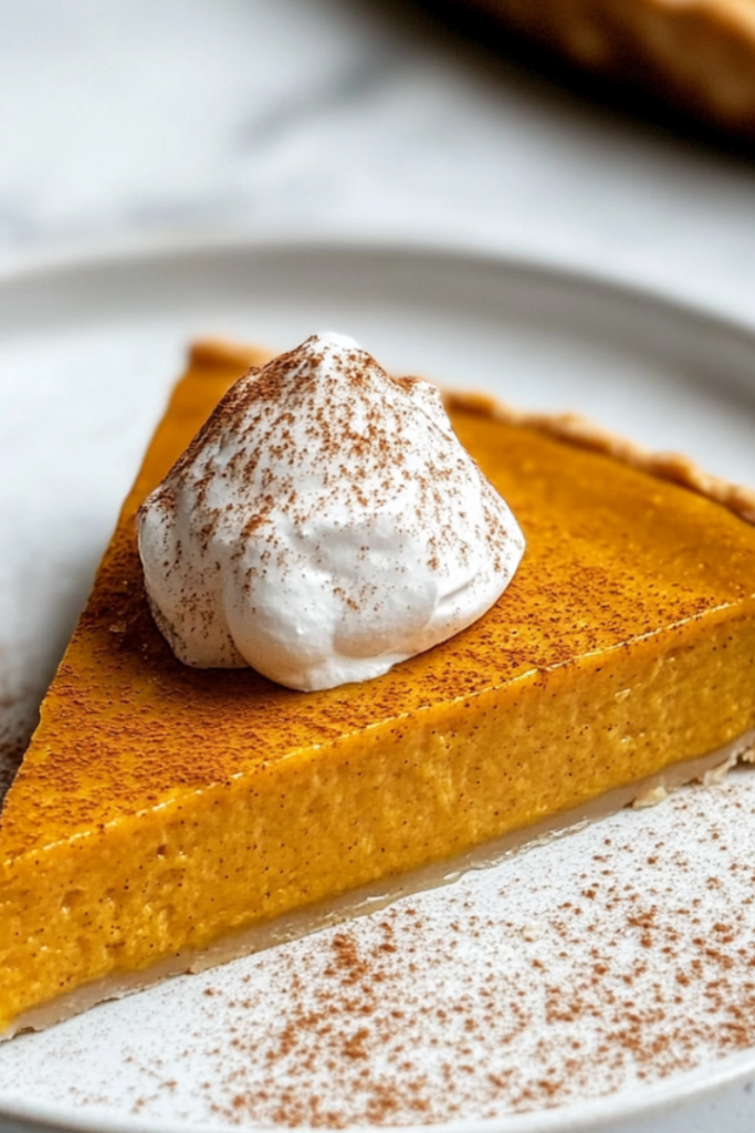 A slice of pumpkin pie served on a dessert plate with a dollop of fluffy vegan coconut whipped cream on top and a sprinkle of cinnamon. The rest of the pie is visible in the background