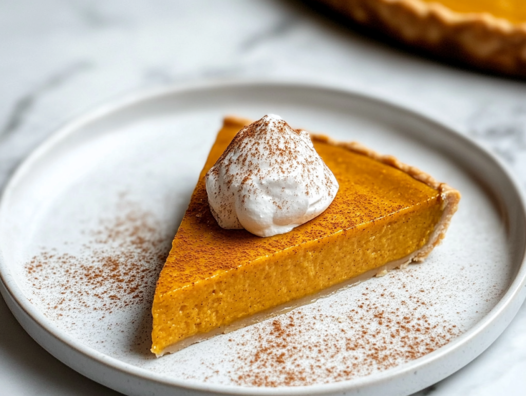 A slice of pumpkin pie served on a dessert plate with a dollop of fluffy vegan coconut whipped cream on top and a sprinkle of cinnamon. The rest of the pie is visible in the background