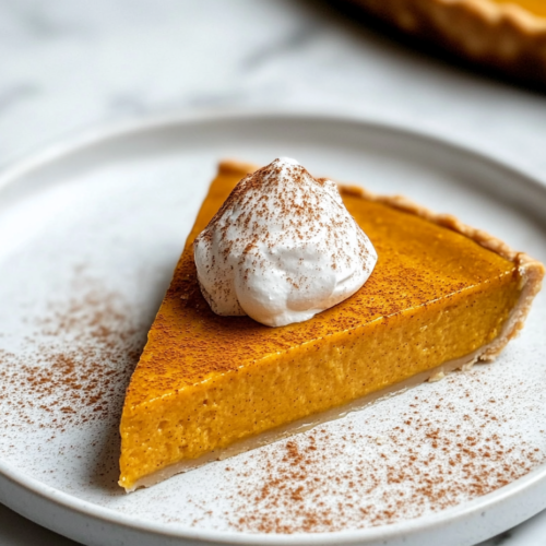 A slice of pumpkin pie served on a dessert plate with a dollop of fluffy vegan coconut whipped cream on top and a sprinkle of cinnamon. The rest of the pie is visible in the background