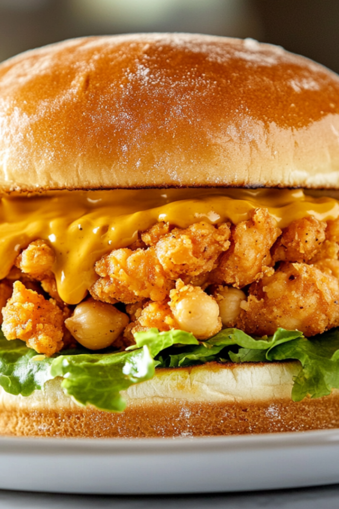 "A delicious, fully assembled chickpea ‘chicken’ sandwich on a plate with crisp romaine lettuce and extra dressing oozing from the edges, ready to be served and enjoyed.
