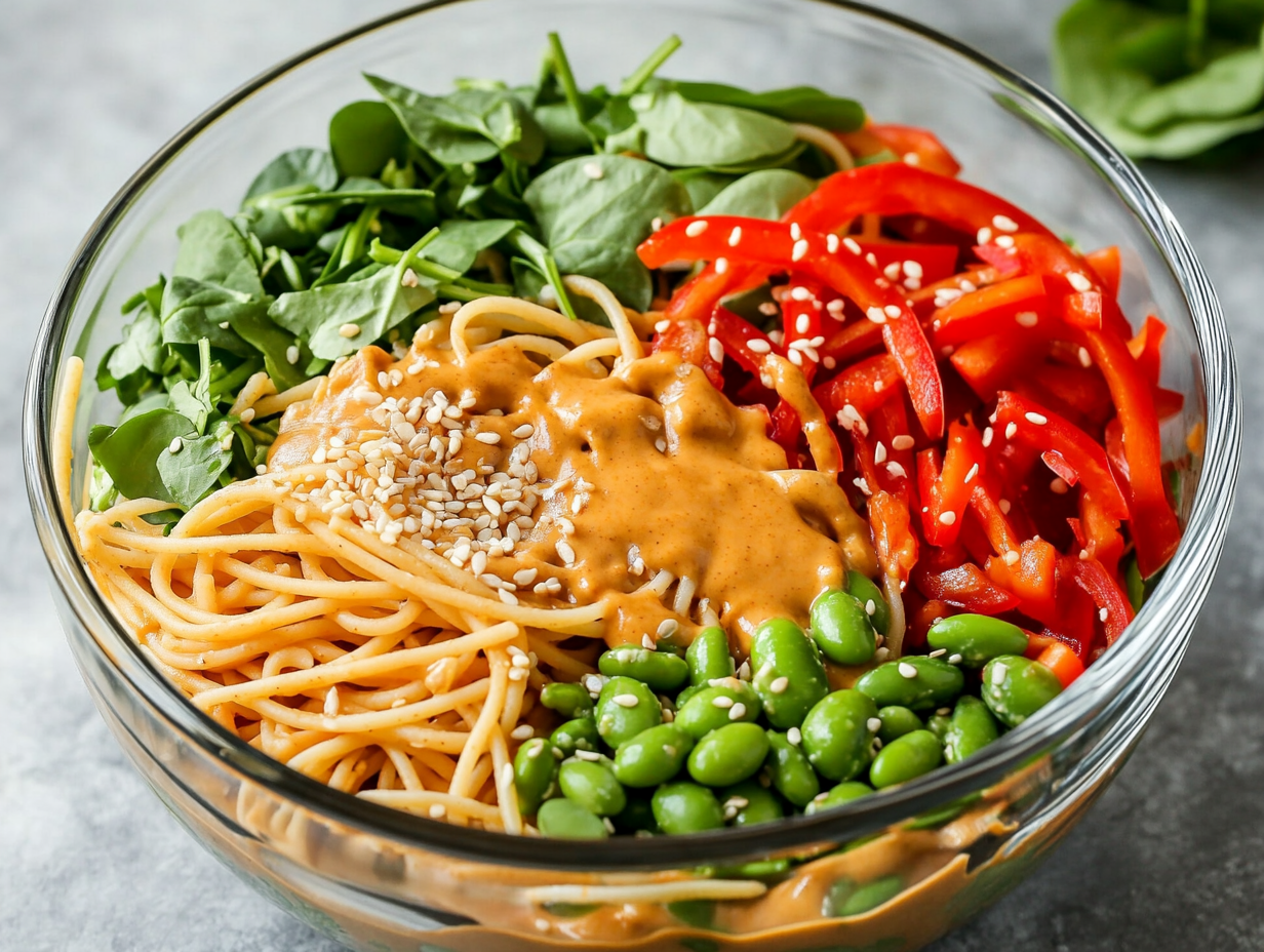 Using tongs to toss the ingredients in a large bowl, mixing the pasta and vegetables with the creamy peanut sauce. The dish is garnished with sesame seeds and ready to serve.
