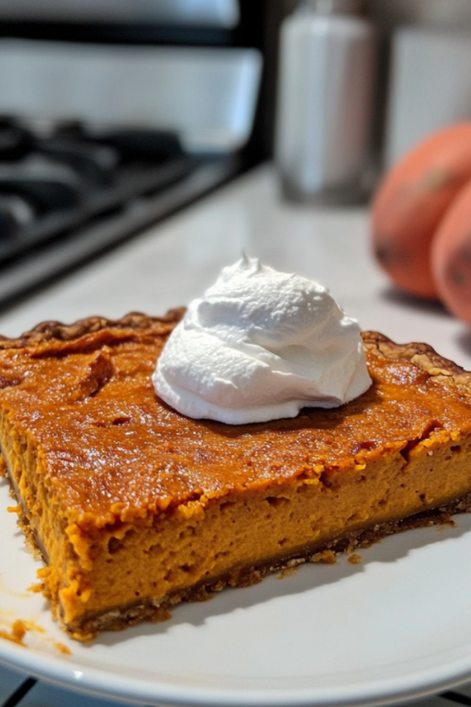 The baked sweet potato pie cooling on a wire rack for an hour before slicing. A dollop of vegan whipped cream sits beside a slice of pie on a dessert plate, ready to serve