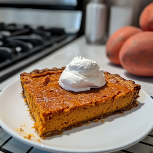 The baked sweet potato pie cooling on a wire rack for an hour before slicing. A dollop of vegan whipped cream sits beside a slice of pie on a dessert plate, ready to serve