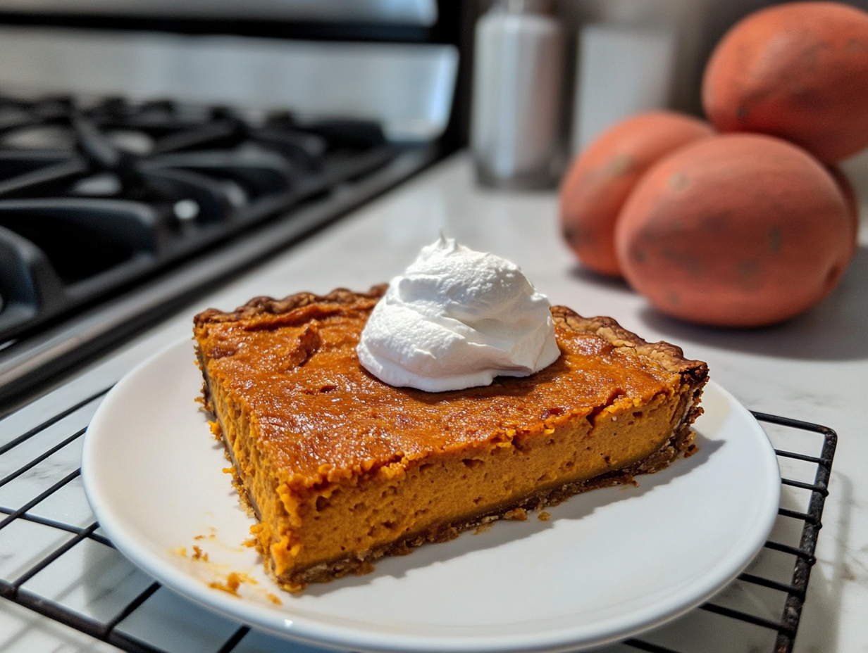 The baked sweet potato pie cooling on a wire rack for an hour before slicing. A dollop of vegan whipped cream sits beside a slice of pie on a dessert plate, ready to serve