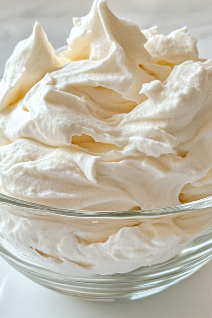 Close-up shot of the fluffy and smooth whipped aquafaba in the glass bowl, garnished with a dollop on a spoon beside it. The bowl sits on the white marble cooktop, with light reflecting off the creamy texture