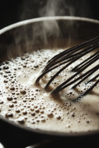Close-up shot of the soy milk and vanilla seed mixture in a saucepan on the white marble cooktop, gently simmering as a whisk stirs it. The bubbles are small and steady, with a soft steam rising from the mixture.