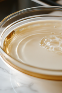 A close-up shot of a glass mixing bowl on the white marble cooktop, where eggs are being cracked into the cheesecake batter one at a time, with a gentle mixing action after each addition.