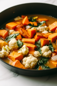 Close-up shot of a black skillet on the white marble cooktop, with water, chicken broth, sweet potatoes, and cauliflower added to the mixture. The liquid is bubbling, and the vegetables are beginning to soften.