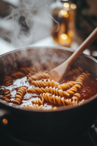 A cozy scene of pasta simmering in a rich tomato broth, with bubbles forming on the surface. The pot glows with warm hues, and a wooden spoon is stirring gently.