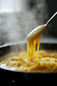 Spaghetti being added to the creamy sauce, with steam rising as the noodles absorb the flavors. A ladle pours extra sauce over the pasta for a rich, comforting texture.