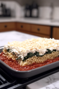 Action shot of vegan mozzarella cheese being sprinkled generously over the lasagna just before it's placed back into the oven. The dish is golden and bubbling in the background.