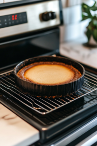 A close-up shot of a black cheesecake pan on the white marble cooktop, cooling on a wire rack. The cheesecake has just finished baking and is set to rest for one hour before chilling in the fridge for at least 6 hours.