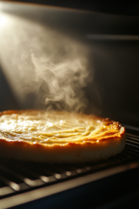 A cheesecake resting in the oven with the door slightly ajar, cooling slowly to prevent cracks. The golden top looks smooth and even.