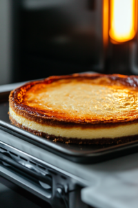 A golden cheesecake baking in the oven, nearly set with slightly jiggly center.