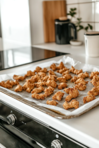 Breaded soy curls arranged on a parchment-lined baking sheet, lightly sprayed with oil, just before being placed in the oven. The oven door is slightly ajar, glowing warmly from the inside